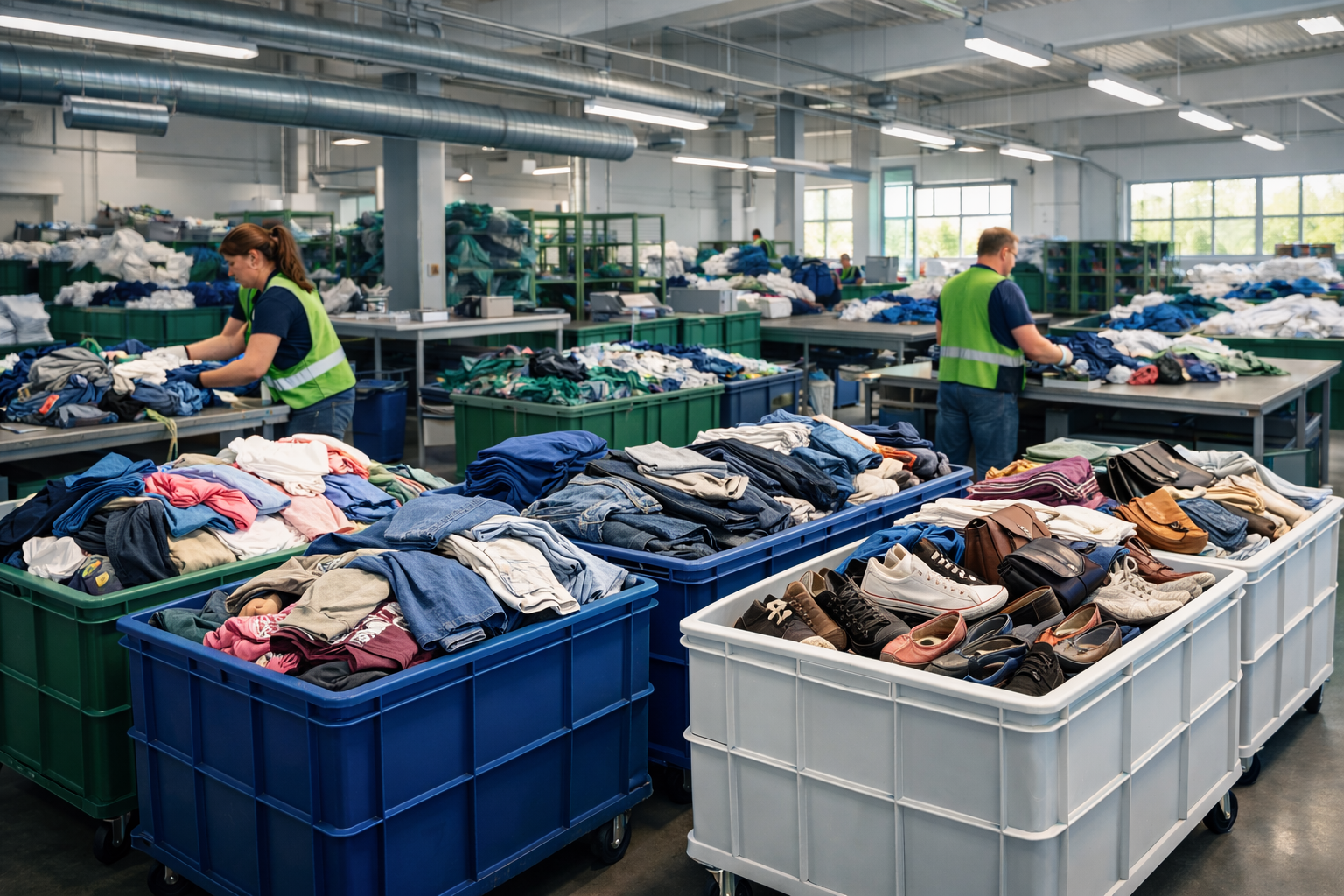 Impianto Texeko - Operatori al lavoro nella selezione di rifiuti tessili